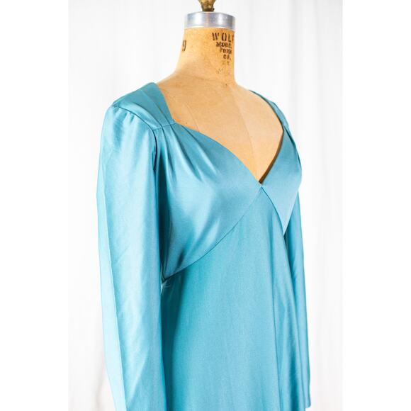 Vintage 70s Aqua Maxi Dress, Eva Gabor by Estevez Formal Evening Gown Retro Med - Picture 6 of 12